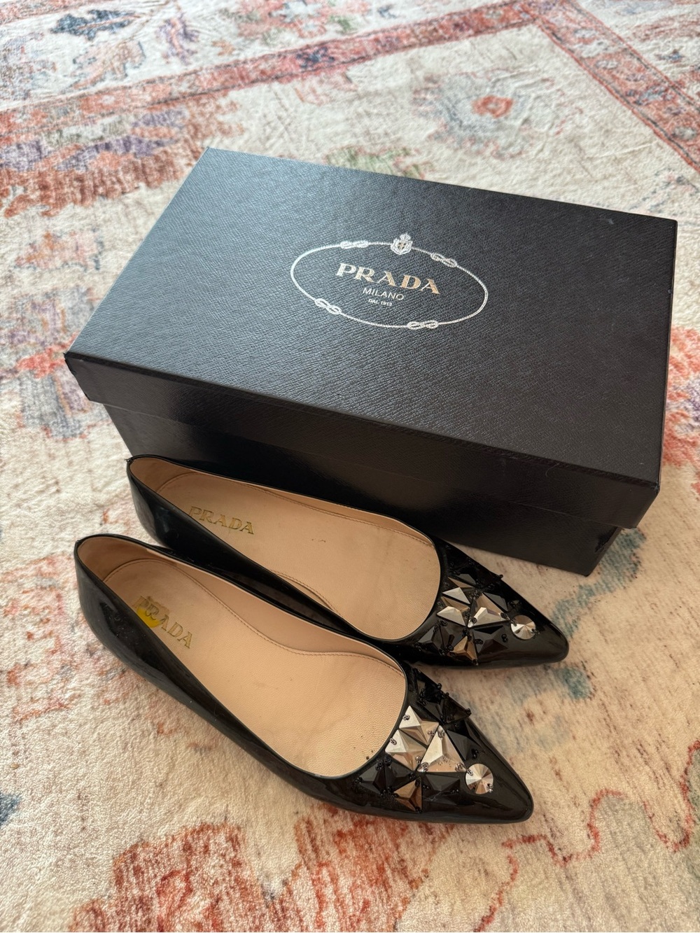 Prada Black Patent Leather Studded Pointed-Toe Flats